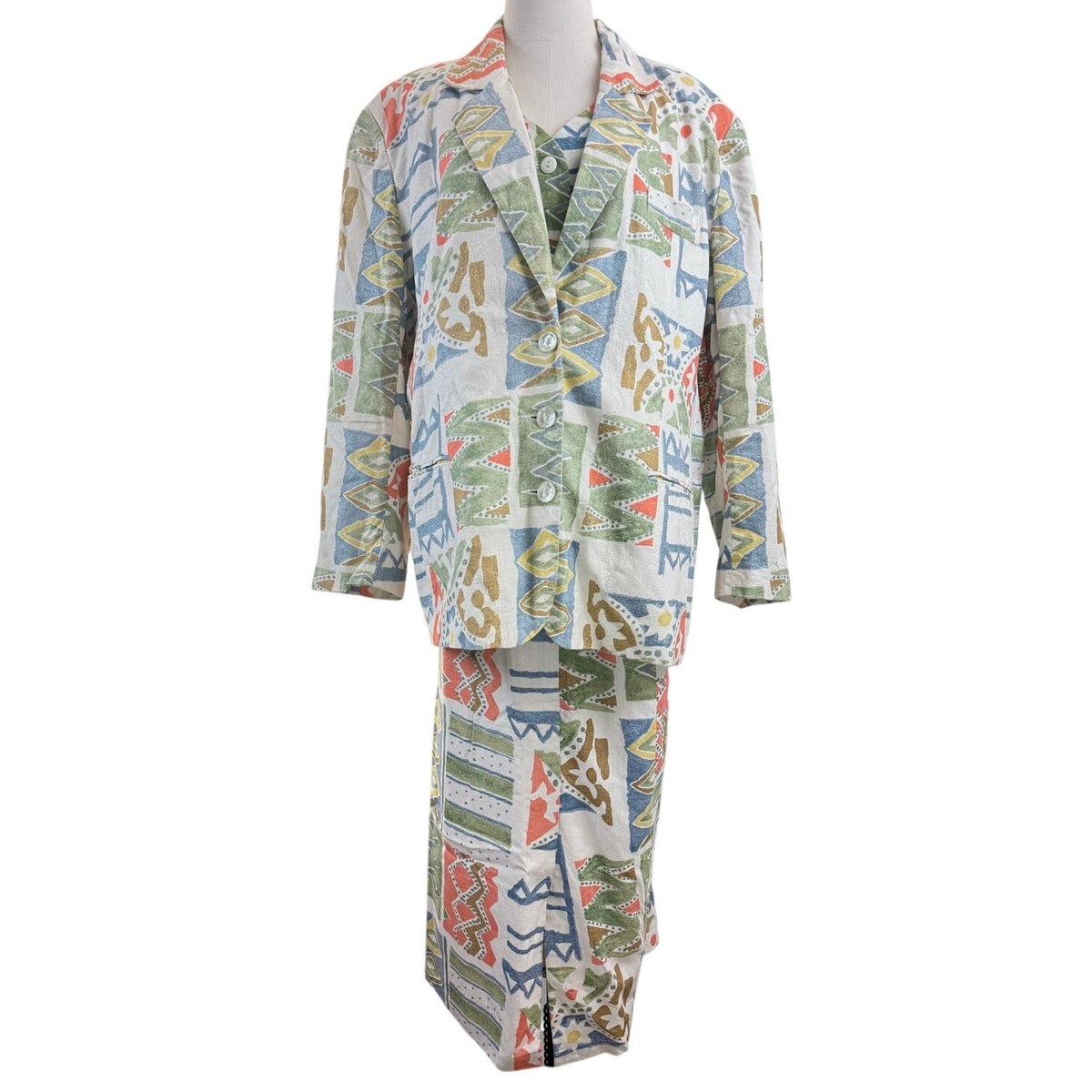 Vintage 80s Baccini Silk 3 Piece Skirt Suit Set Geometric Print Women's 18