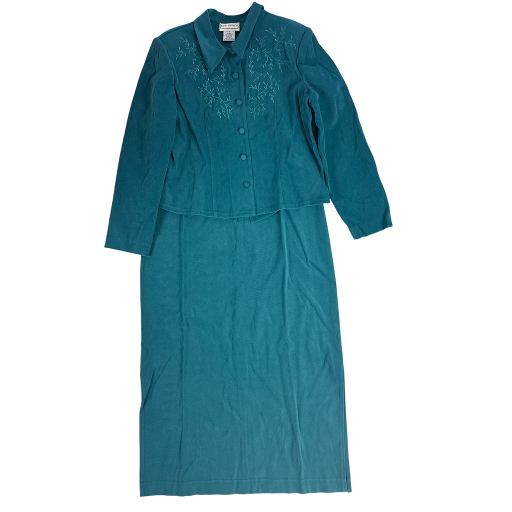 Vintage 90s Karin Stevens Teal Faux Suede Dress Jacket Set Size 14 Women's Large