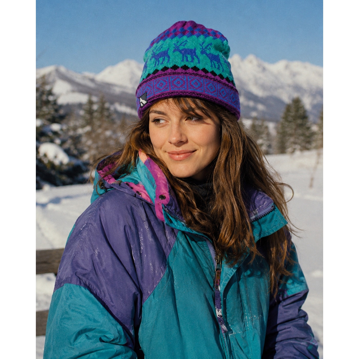 Vintage 90s Columbia Sportswear Wool Fair Isle Beanie Hat Purple Reindeer