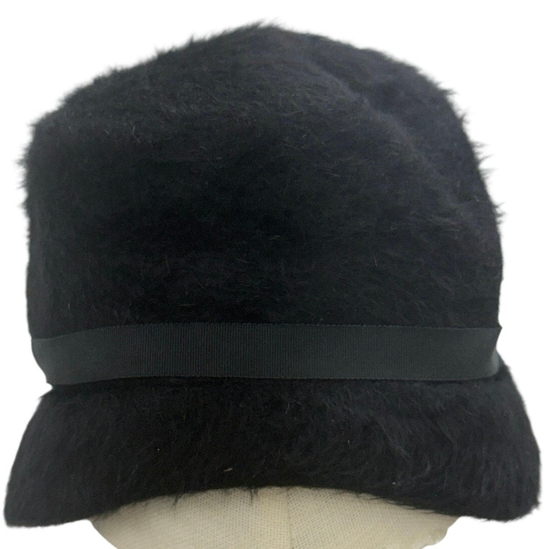 Vintage 60s Women's Black Wool Cossack Hat Pearl Rhinestone Trim Cloche