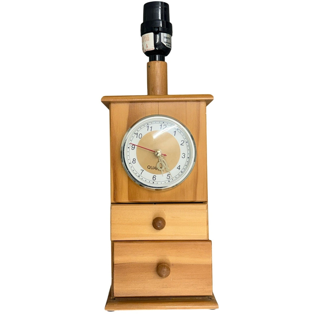 Vintage 80s Wood Lamp Quartz Clock Drawers Honey Tone Nightstand Light