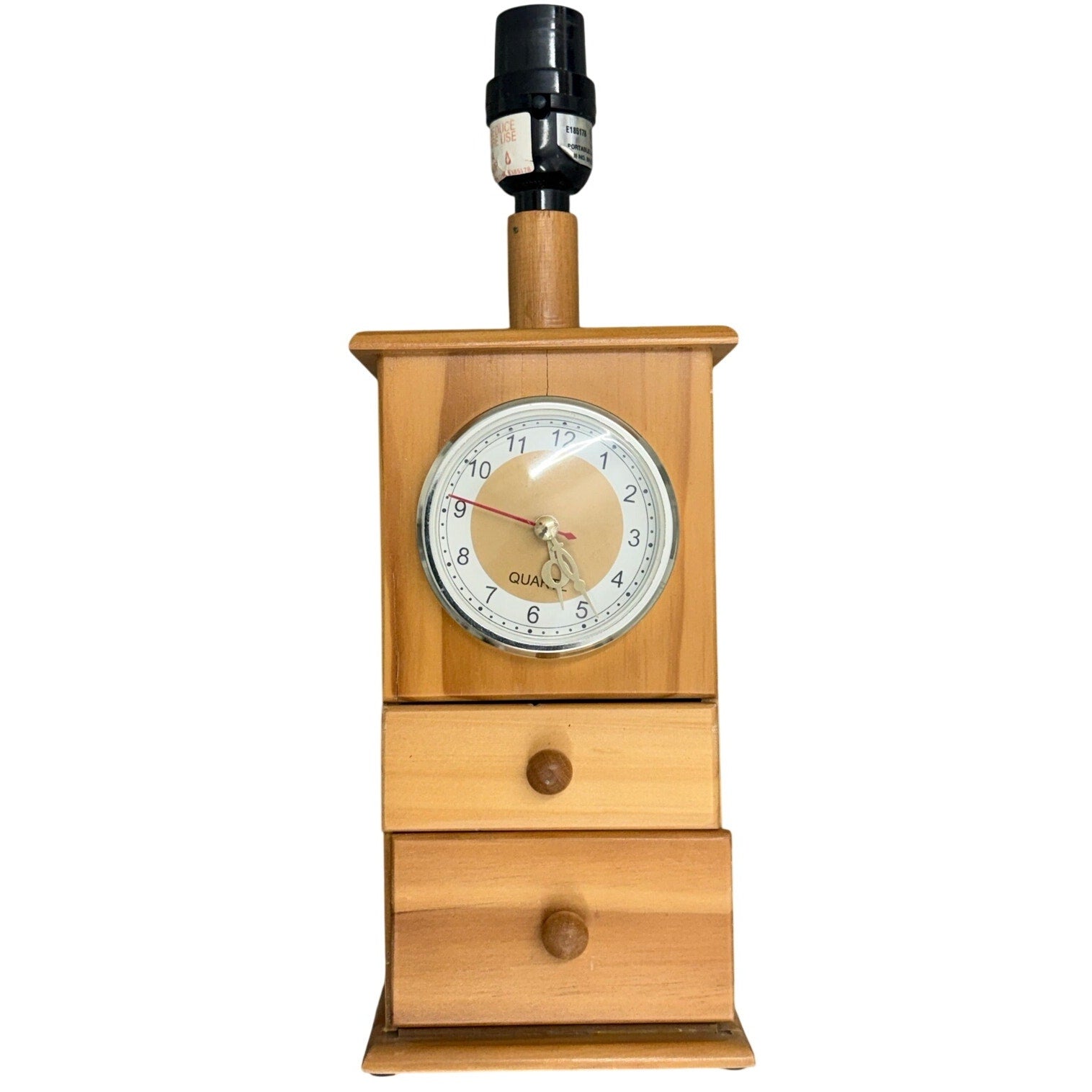 Vintage 80s Wood Lamp Quartz Clock Drawers Honey Tone Nightstand Light
