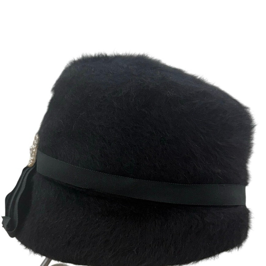 Vintage 60s Women's Black Wool Cossack Hat Pearl Rhinestone Trim Cloche