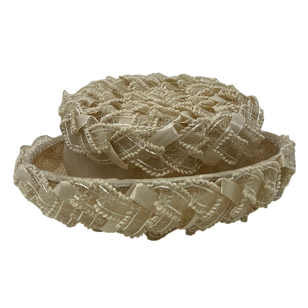 Vintage 1960s Beige Raffia Pillbox Hat with Netting Union Made 7 US
