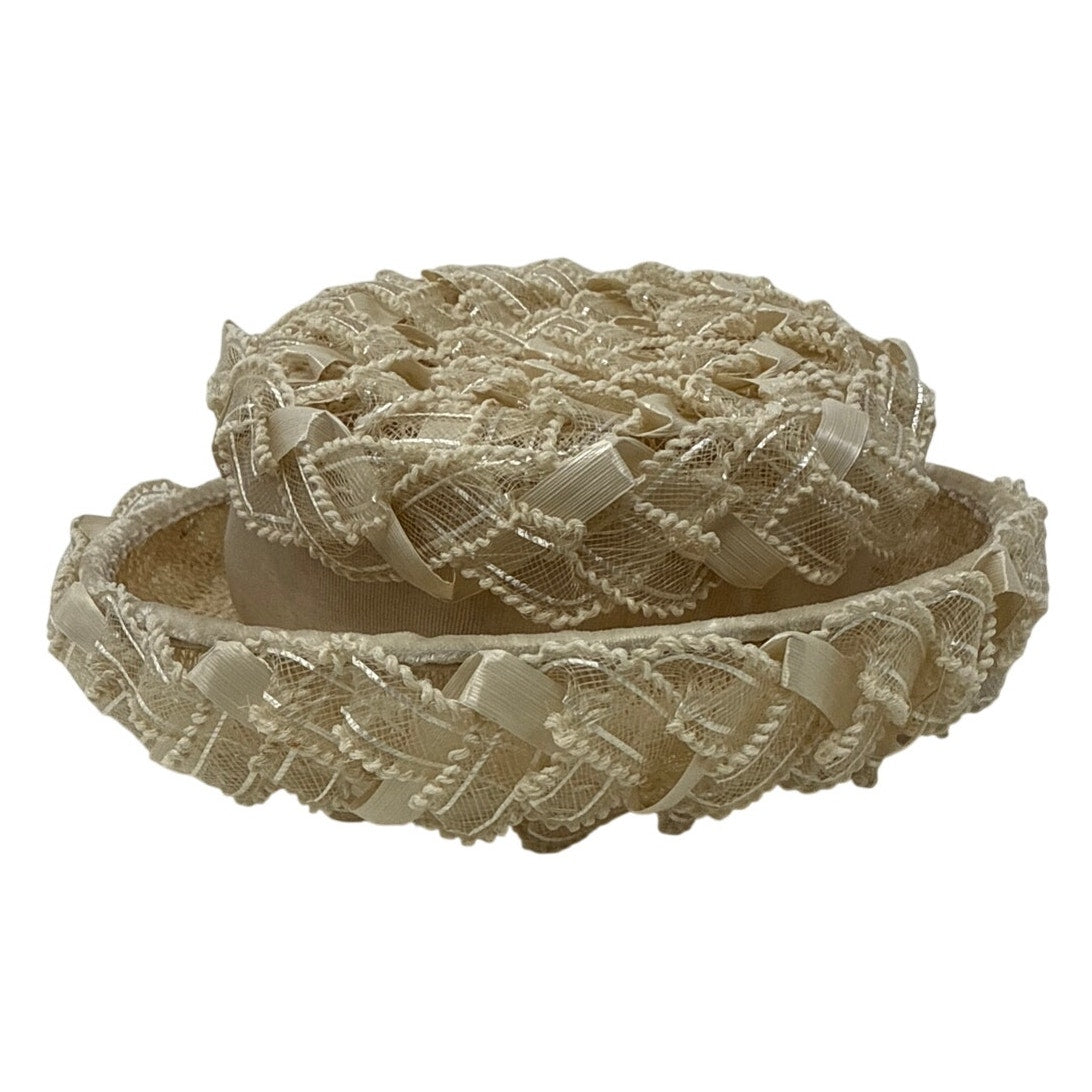 Vintage 1960s Beige Raffia Pillbox Hat with Netting Union Made 7 US