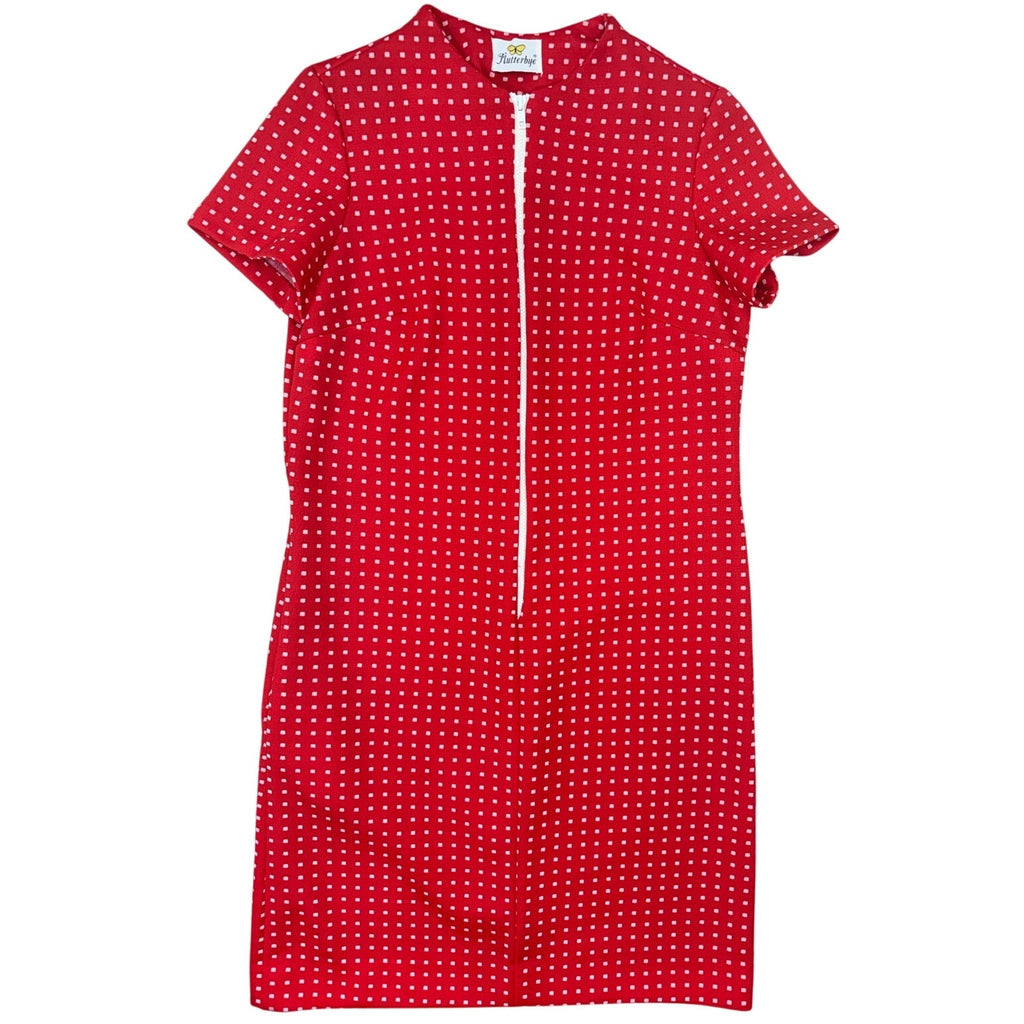 Vintage 70s Flutterbye Red Zip Front Mod Shift Dress Womens S/M 38 Bust