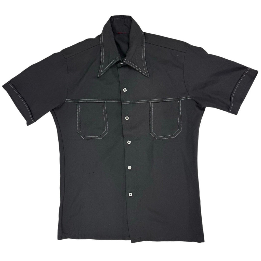 Vintage 1970s Black Polyester Contrast Stitch Leisure Shirt Mens Small