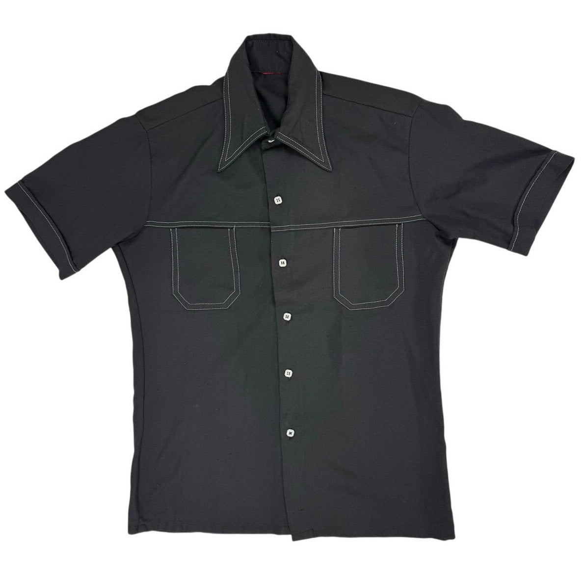 Vintage 1970s Black Polyester Contrast Stitch Leisure Shirt Mens Small