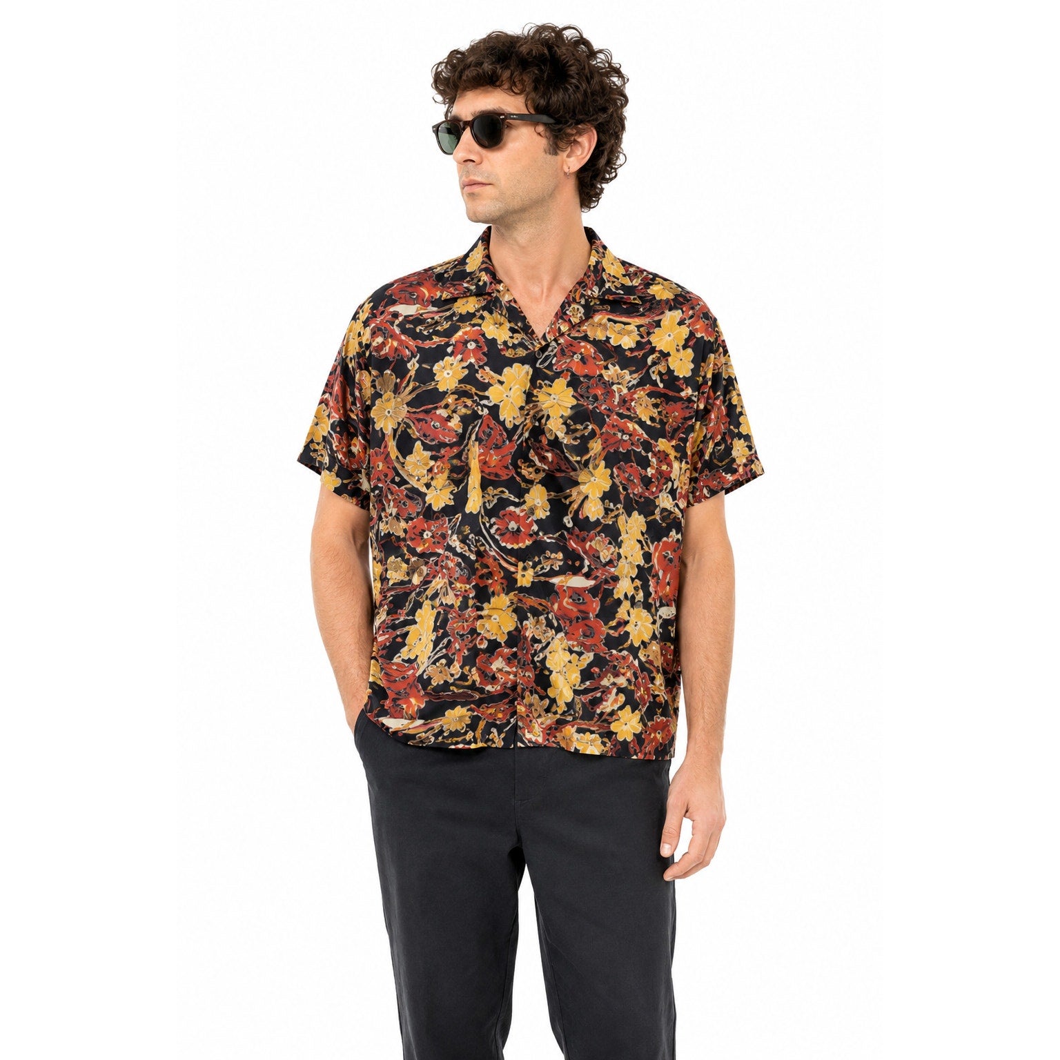 Vintage 80s Men's XLFlip Box Abstract Floral Button Down Shirt Black Polyester