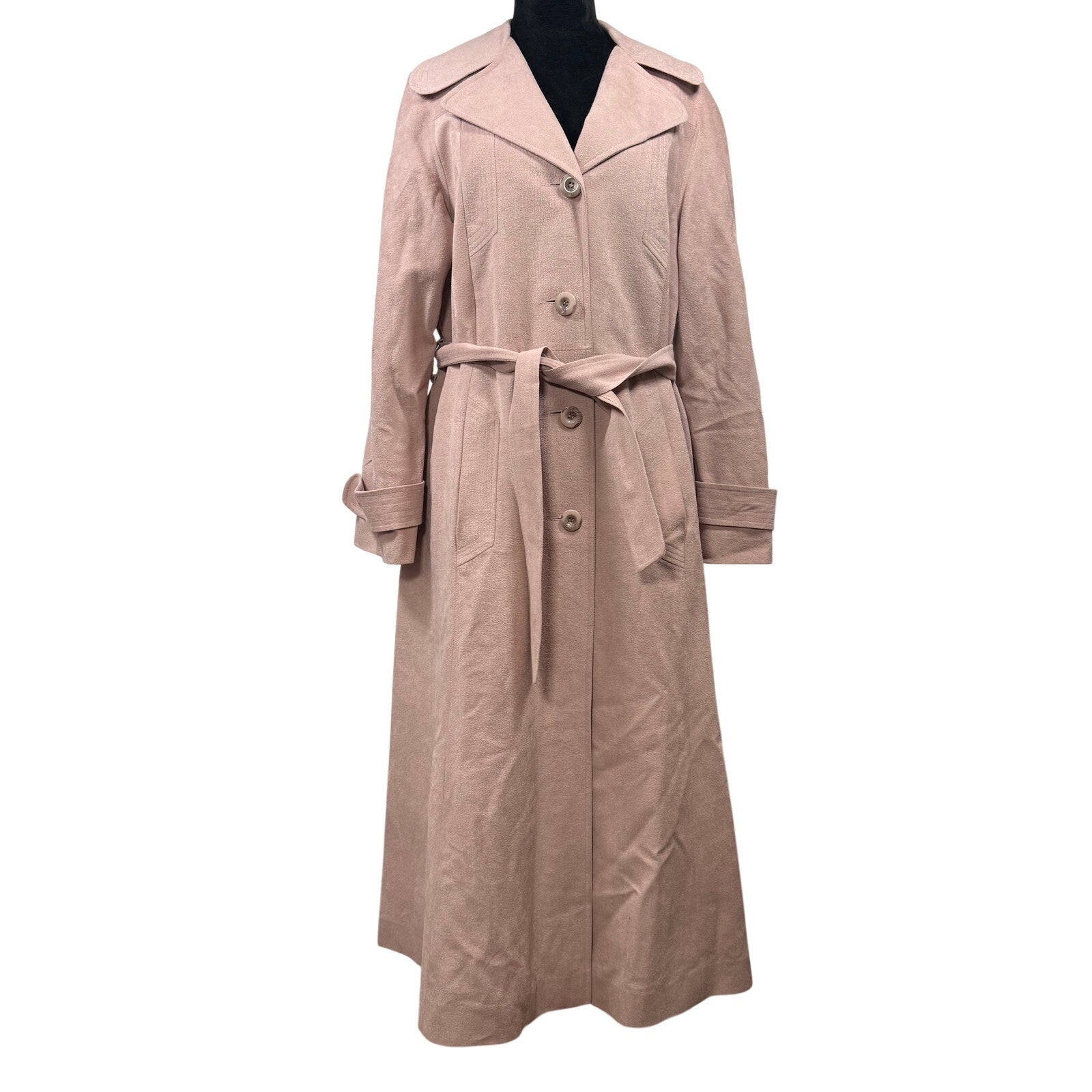 Vintage 80s Women's Medium Pink Trench Coat Belted Maxi Ultrasuede