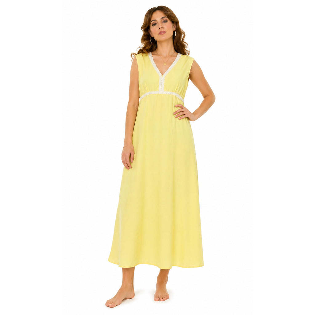 Vintage 70s Yellow Empire Waist Dress White Trim Sleeveless Midi