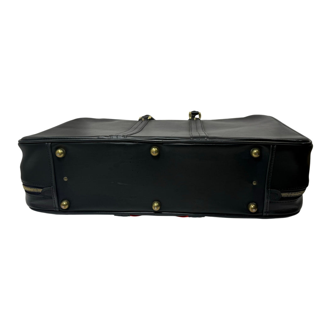 Vintage 70s Black Leather Luggage Briefcase Red Stripe Locking Travel Case