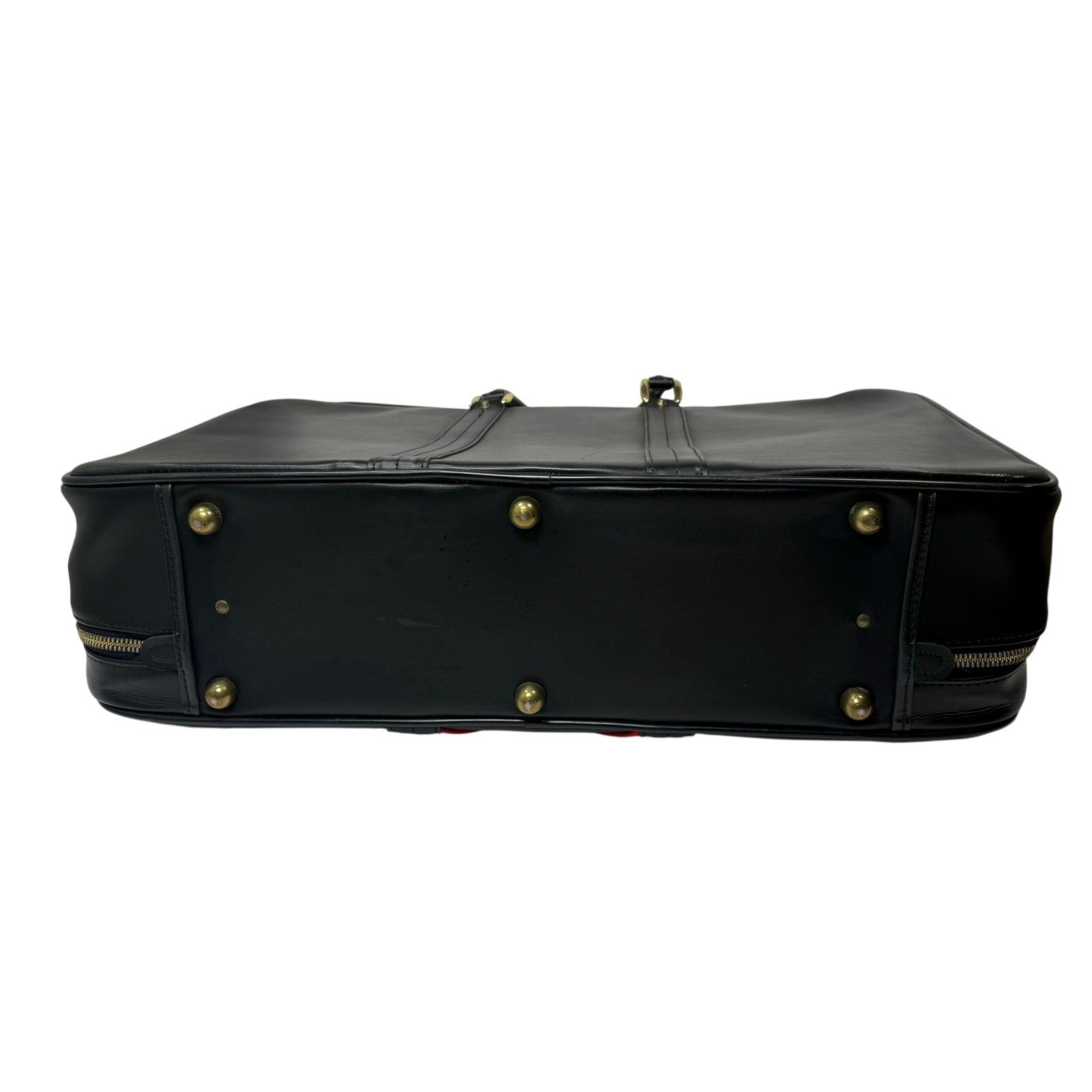 Vintage 70s Black Leather Luggage Briefcase Red Stripe Locking Travel Case