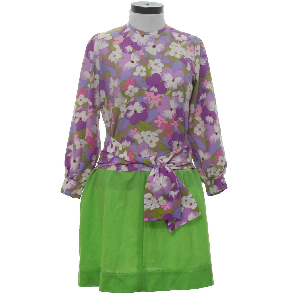 Vintage 70s Purple Floral Drop Waist Mini Dress Home Sewn Knit Small