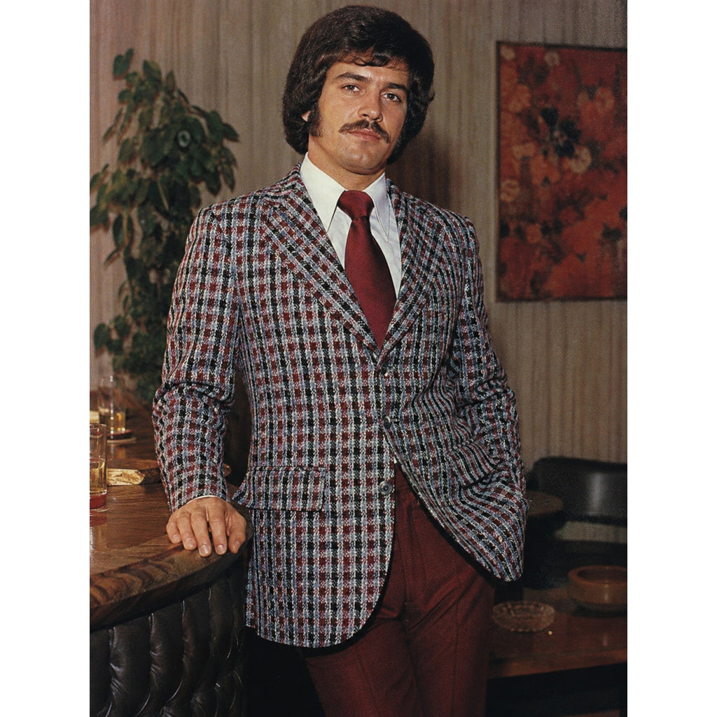 Vintage 70s Men's 38R Plaid Polyester Sport Coat Blazer Red Gray