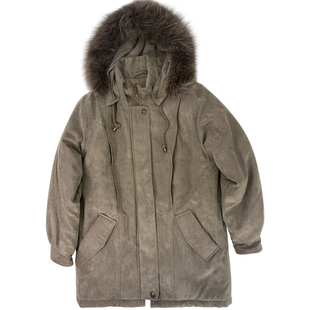 St John's Bay Faux Suede Hooded Jacket Fur Trim Women's Small Taupe Brown