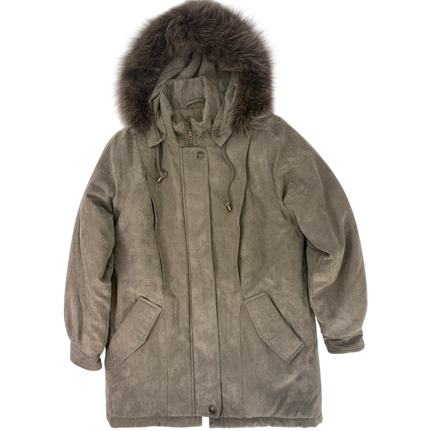 St John's Bay Faux Suede Hooded Jacket Fur Trim Women's Small Taupe Brown