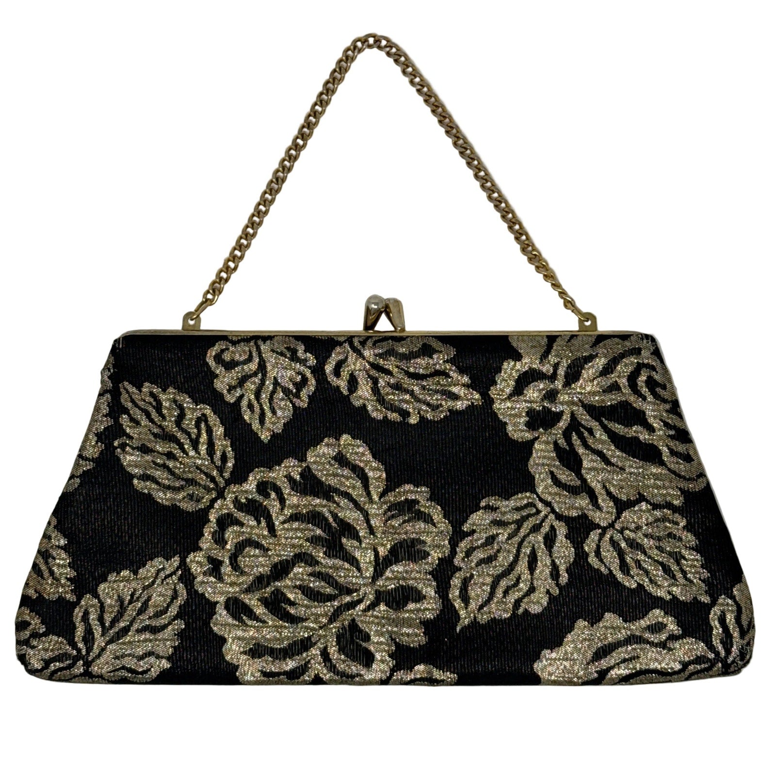Vintage 60s Black Metallic Gold Brocade Clutch Chain Purse