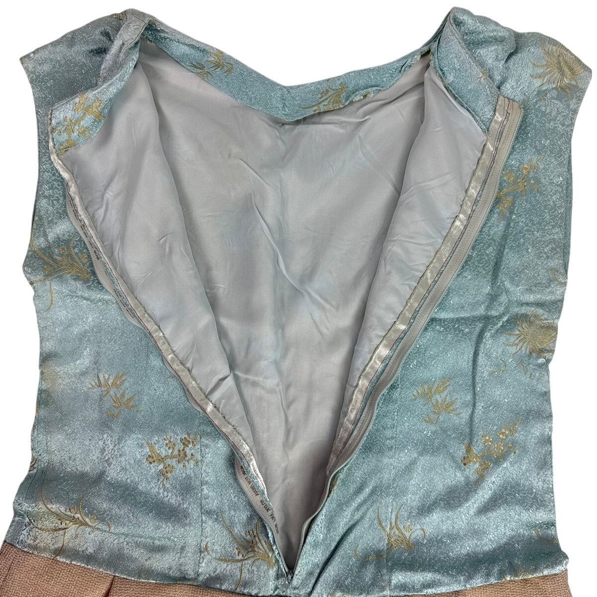 Vintage 70s Handmade Blue Gold Metallic Brocade Drop Waist Dress Women's Medium