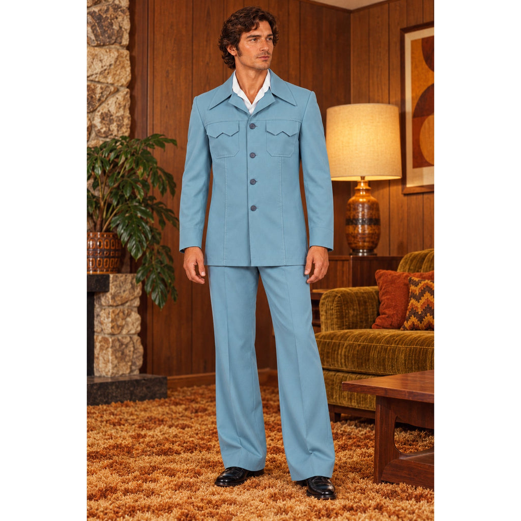 Vintage 70s John Pomer Sky Blue Polyester Leisure Suit Men’s 42 Jacket 33" Waist