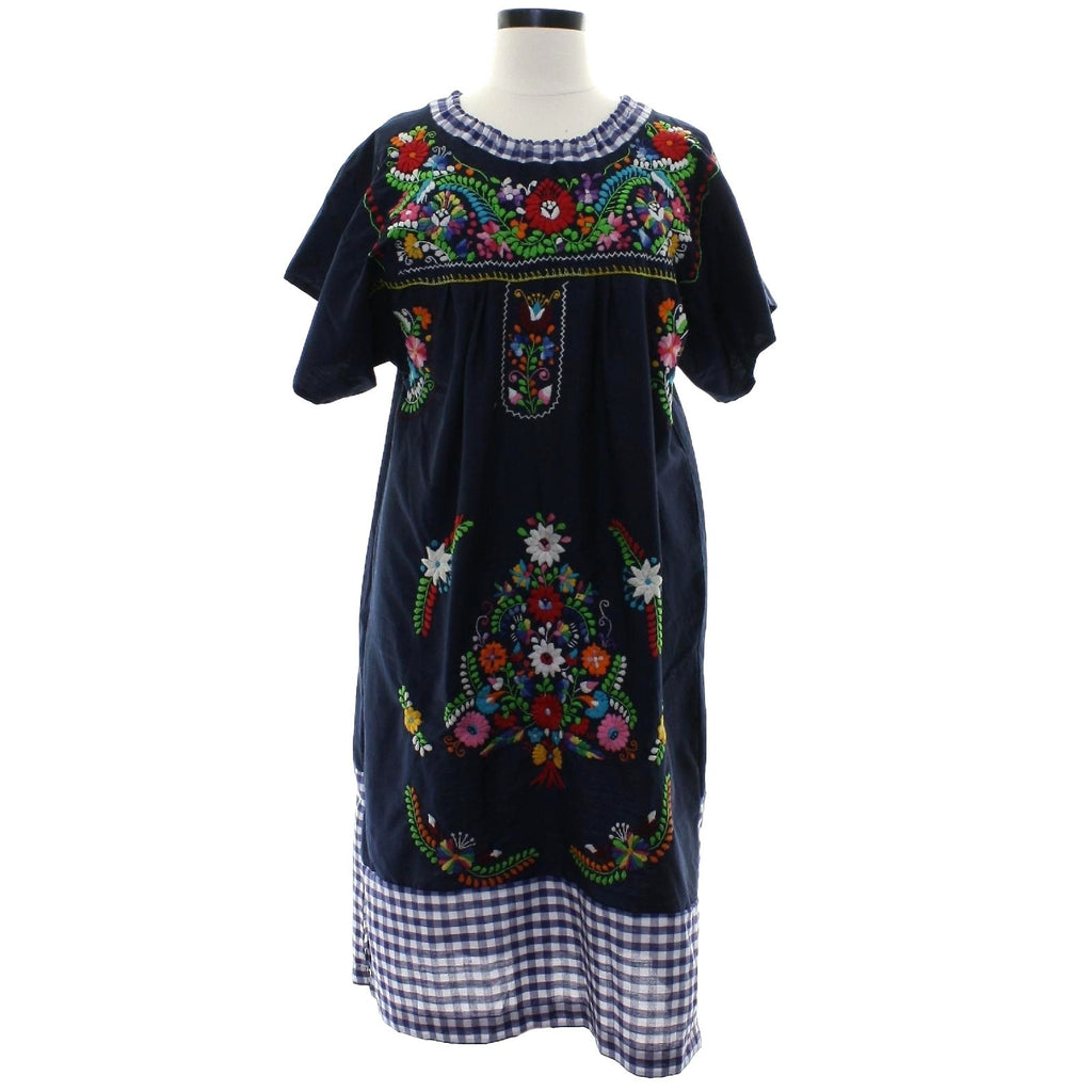 Vintage 70s Huipil Embroidered Floral Navy Cotton Lounge Dress Women's M/L