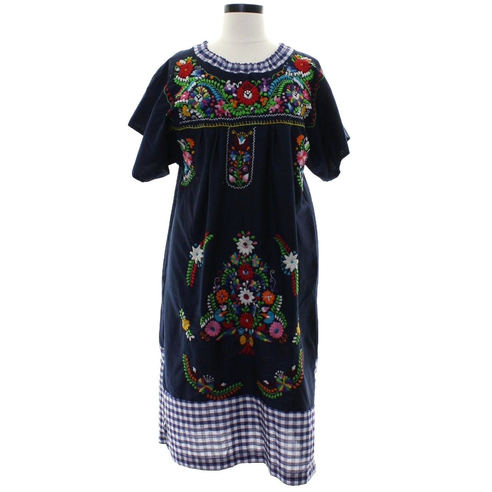 Vintage 70s Huipil Embroidered Floral Navy Cotton Lounge Dress Women's M/L