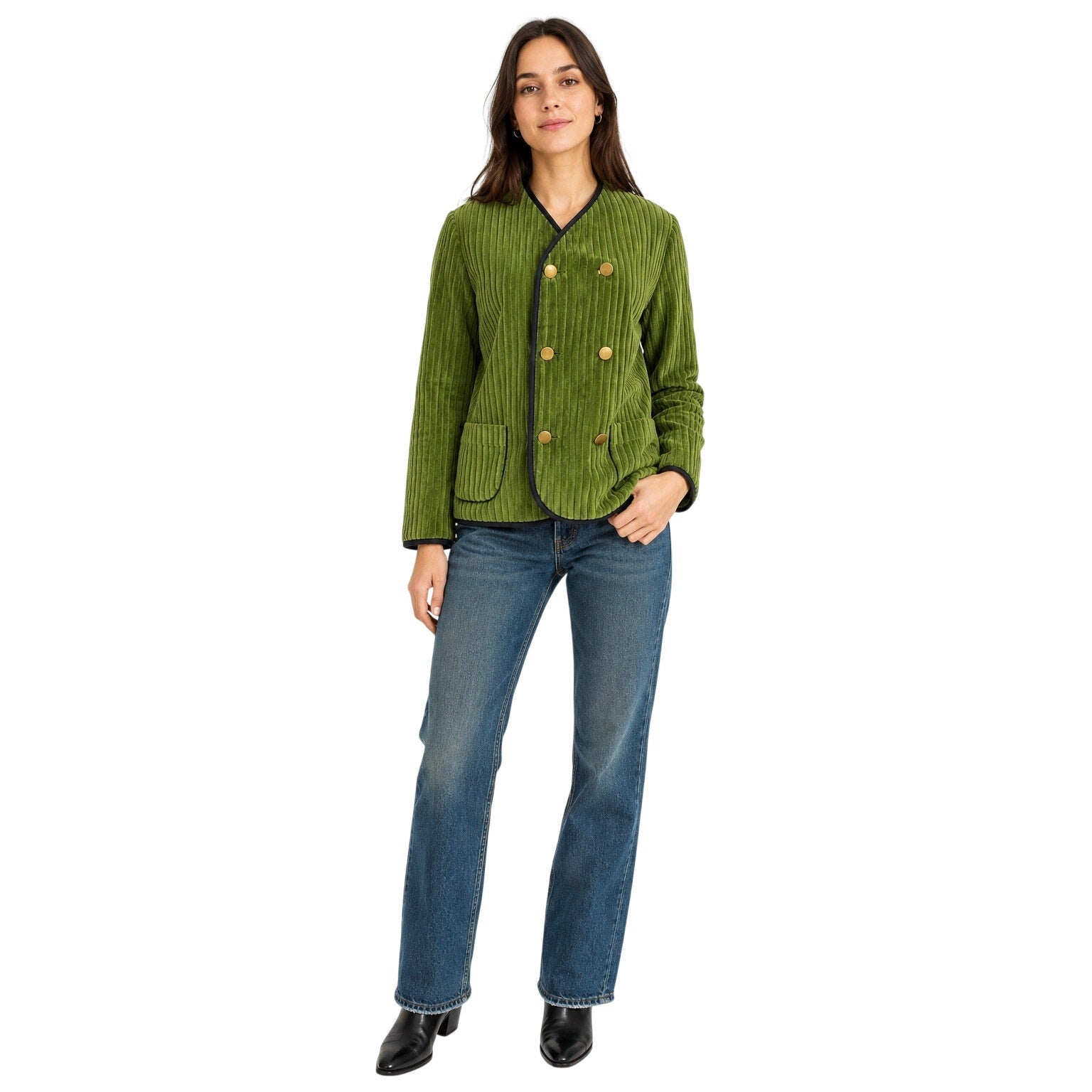 Vintage 90s Ellen Bauer Green Corduroy Double Breasted Mod Jacket