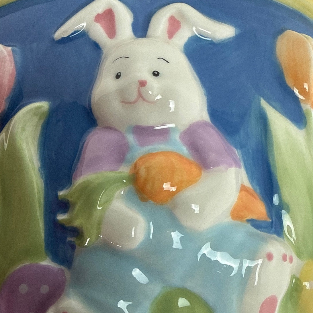 Vintage 90s Blossoms & Blooms Blue Yellow Easter Bunny Carrot Tulip Ceramic Bowl 9”