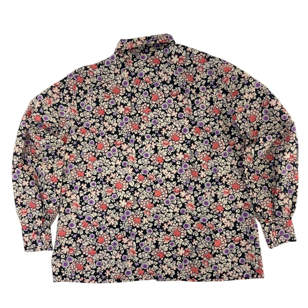 Vintage 70s Floral Blouse Black Cream Lavender Long Sleeve Women's Large