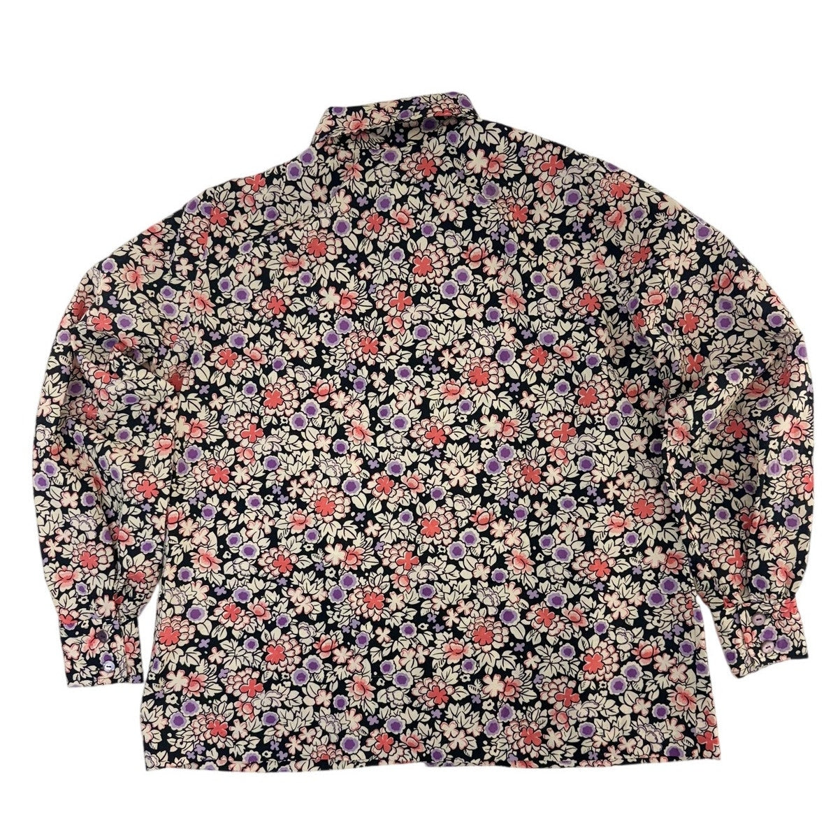 Vintage 70s Floral Blouse Black Cream Lavender Long Sleeve Women's Large