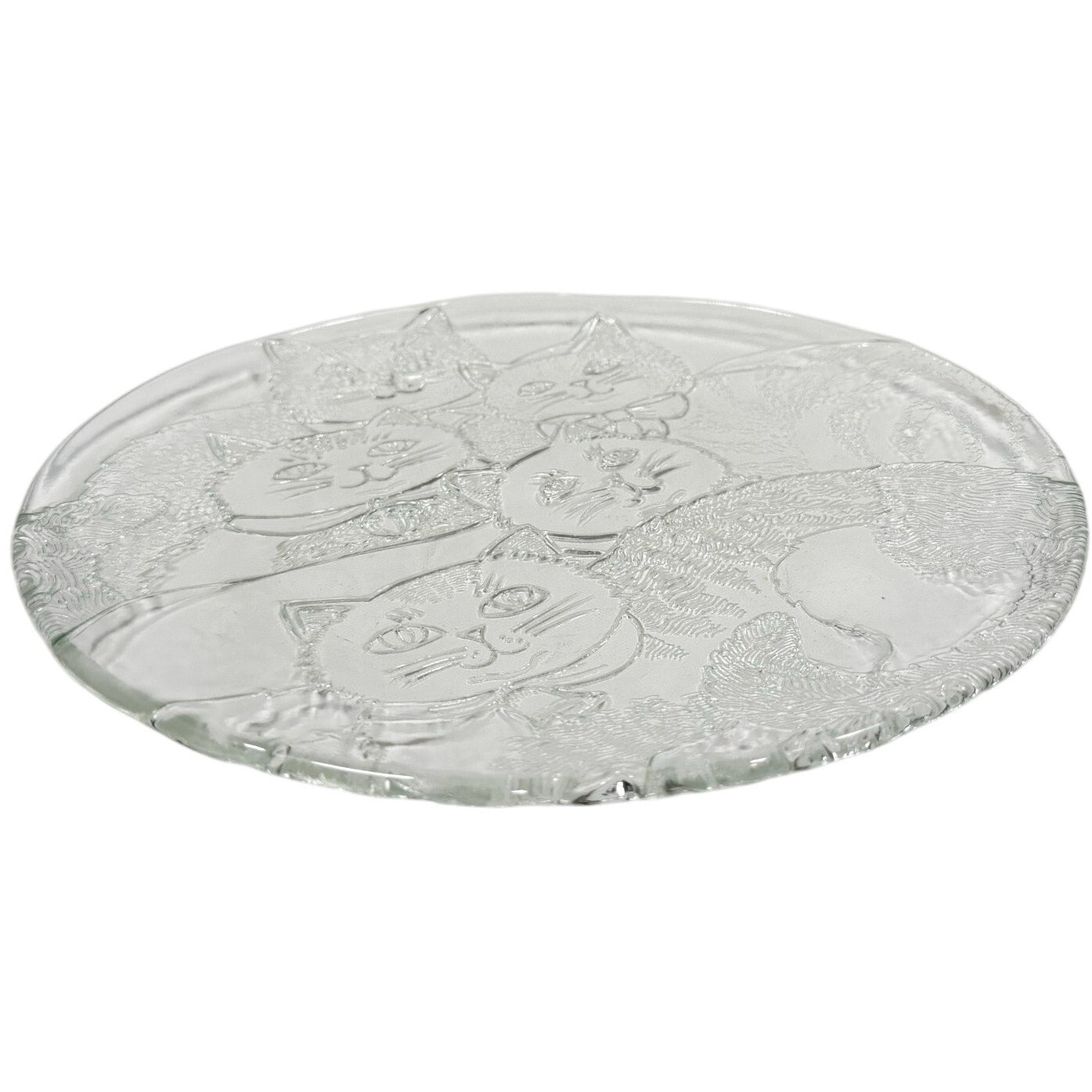 Vintage 80s Cat Serving Tray Round Clear Embossed Glass Plate 12.5" Cat Lover