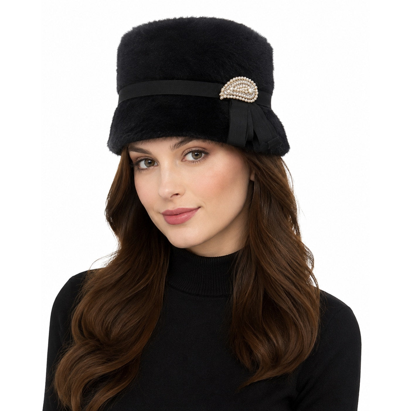 Vintage 60s Women's Black Wool Cossack Hat Pearl Rhinestone Trim Cloche