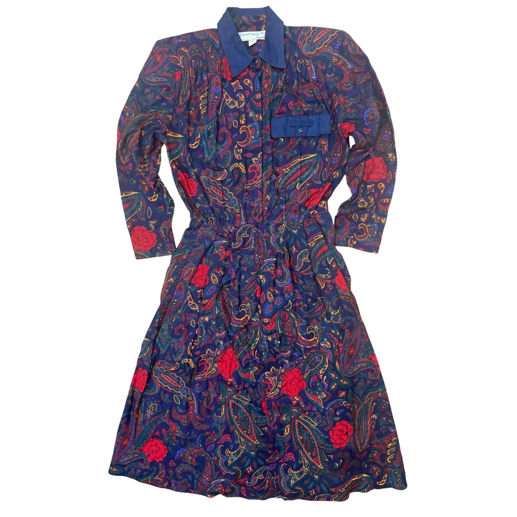 Vintage 80s Tarenti Paisley Rayon Midi Dress Navy Red Pleated Pockets Small