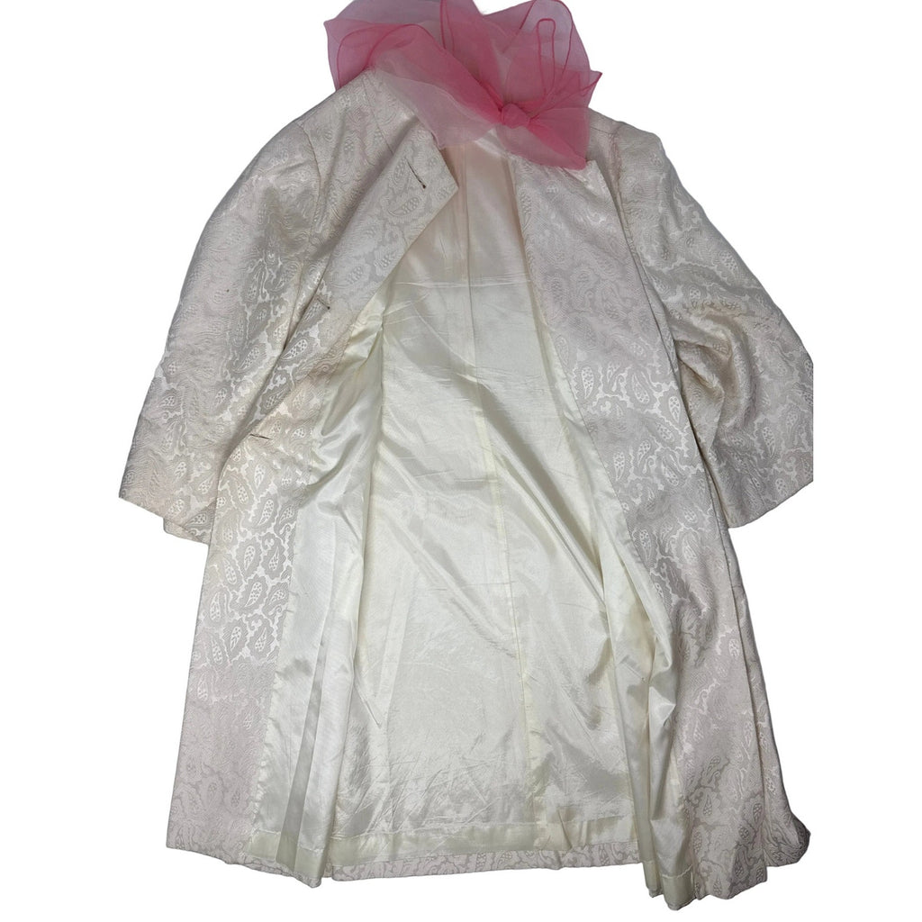Vintage 60s Women’s XL Cream Flocked Paisley Coat Rayon A-Line Chiffon Scarf Trim
