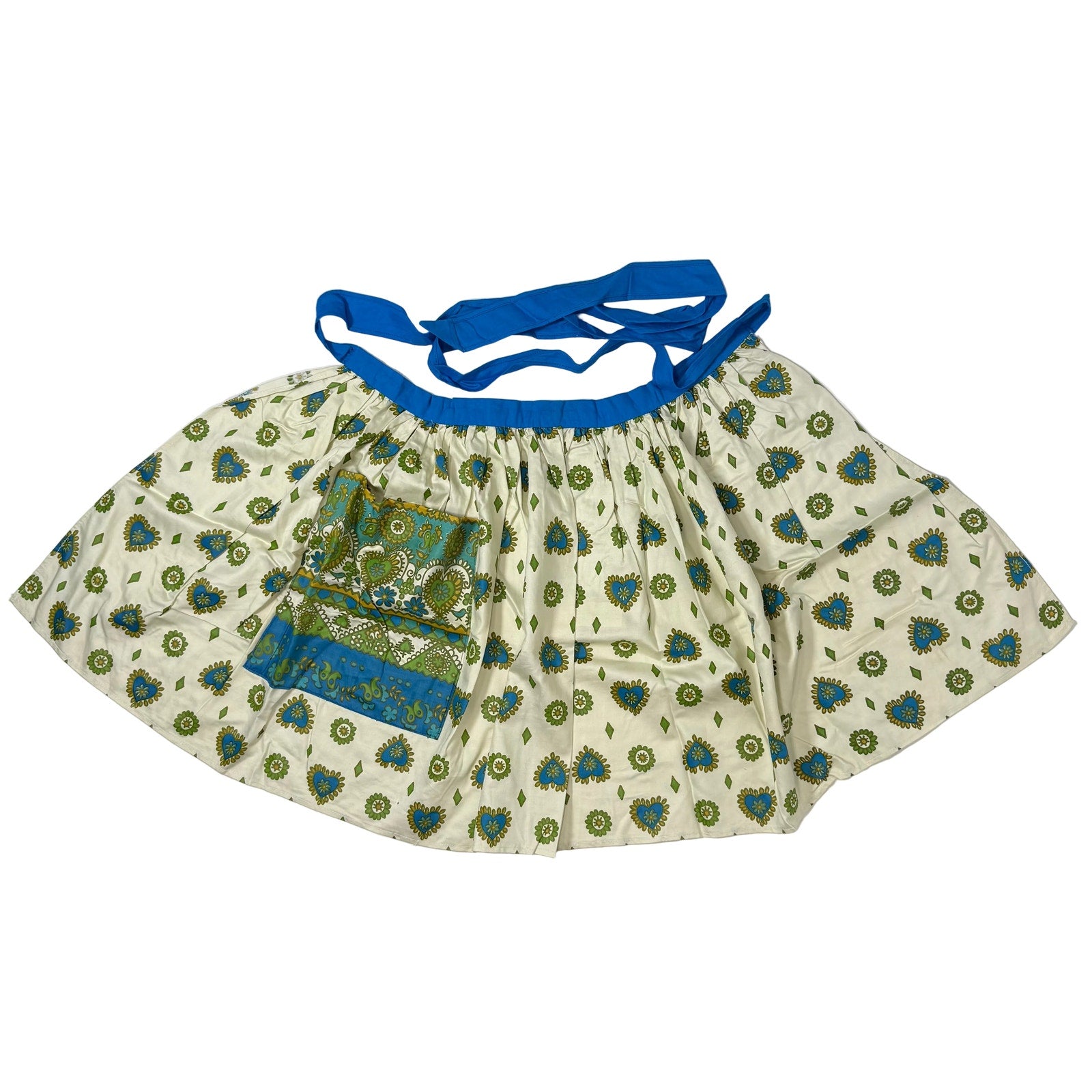 Vintage 60s Home Sewn Cotton Apron Blue Green Heart Circle Print