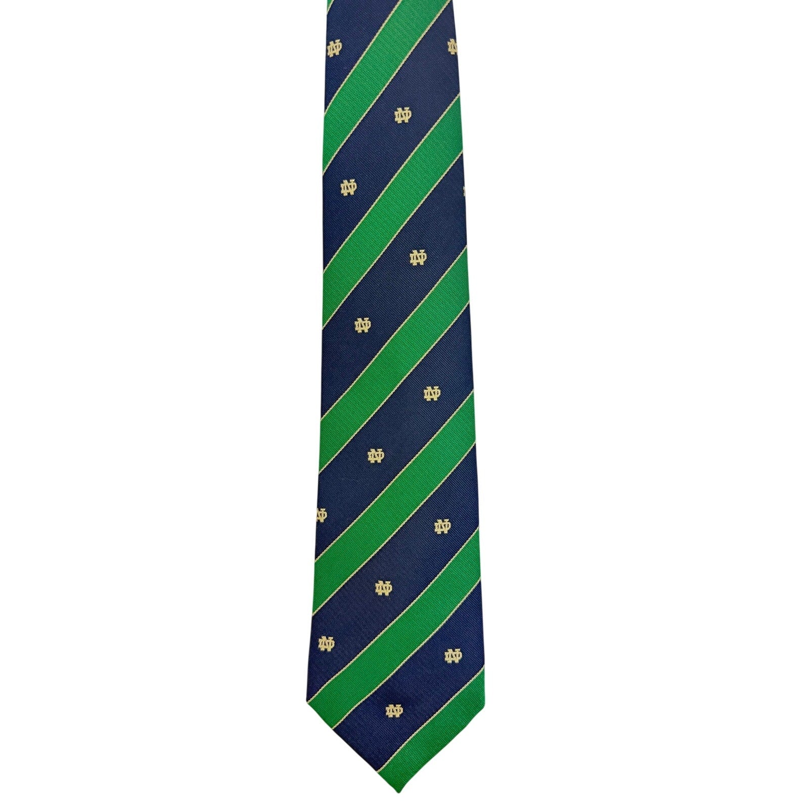 Notre Dame Bookstore Men's Silk Tie Green Blue Stripe ND Logo Made in USA