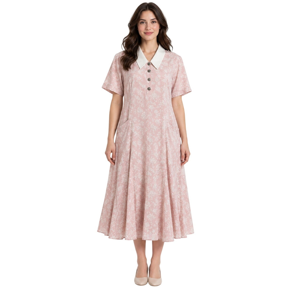 Vintage 80s Handmade Pink Floral White Collar A-Line Midi Dress XL