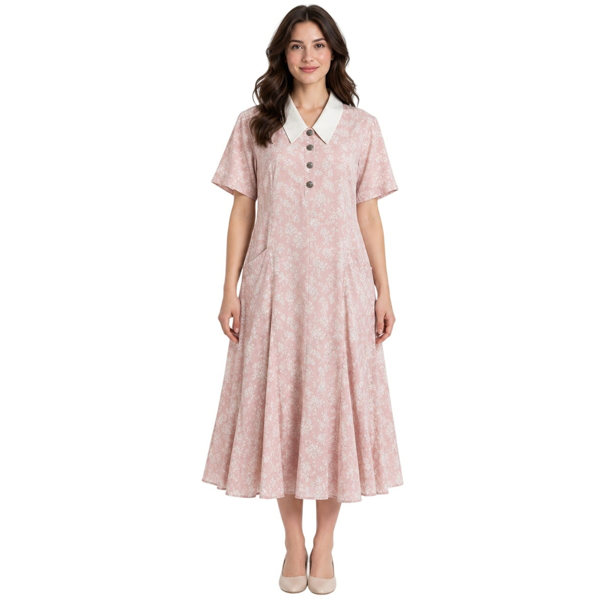 Vintage 80s Handmade Pink Floral White Collar A-Line Midi Dress XL