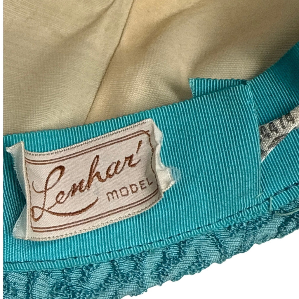 Vintage 1960s Lenhar Turquoise Textured Pillbox Hat Bow Accent 6.5