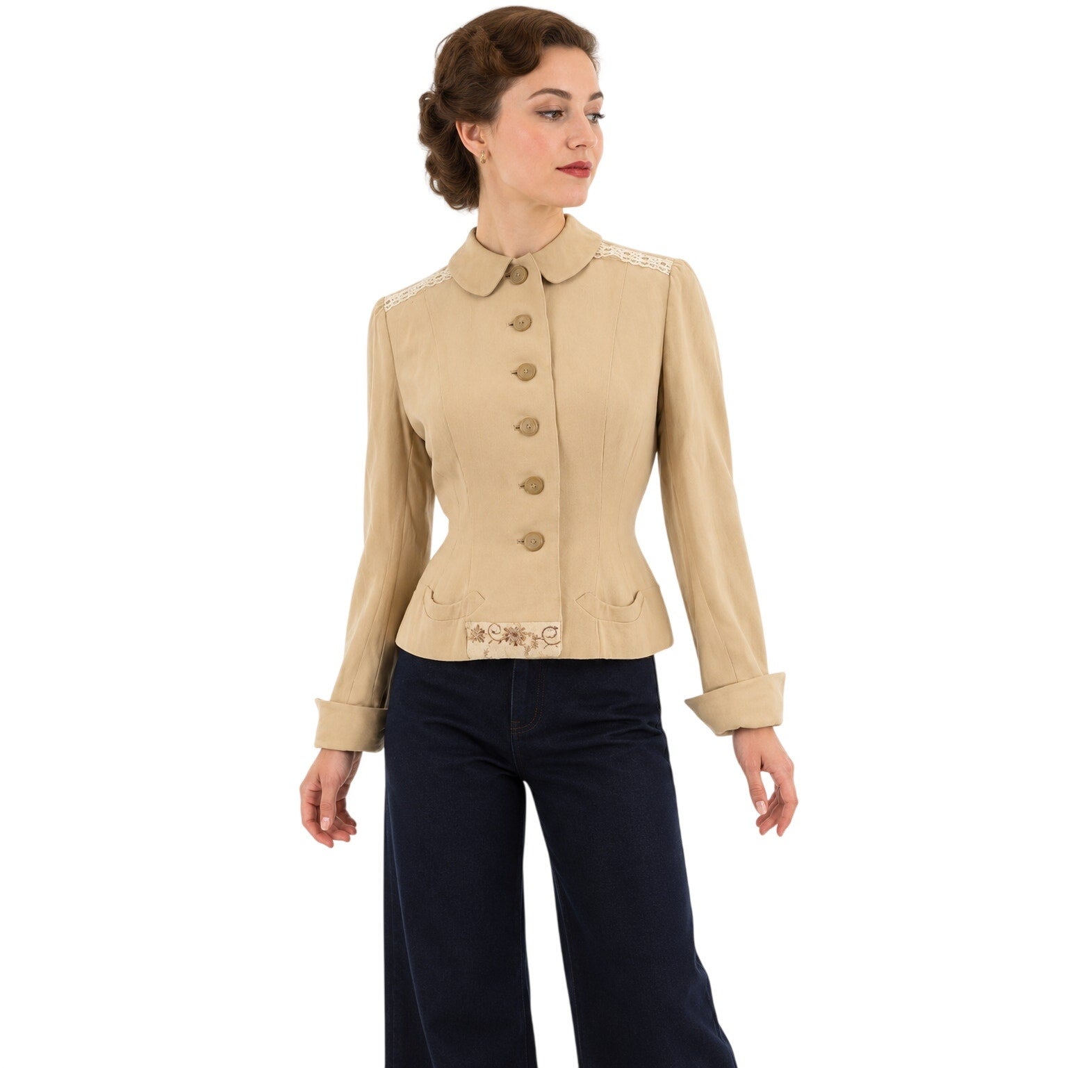 Vintage 40s Beige Wool Blazer Jacket Embroidered Detail Women's XS