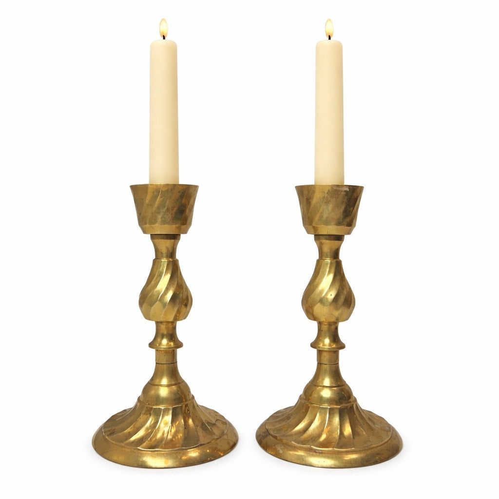 Vintage 80s Gold Brass Candlestick Holders Set of 2 Made in India 7.25"