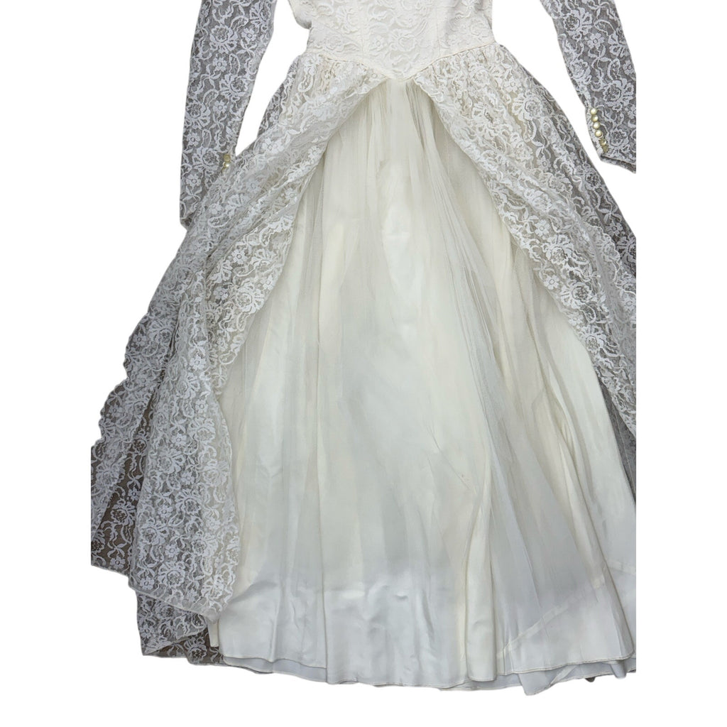 Vintage 1960s White Lace Wedding Dress Long Sleeve Floor Length XS S