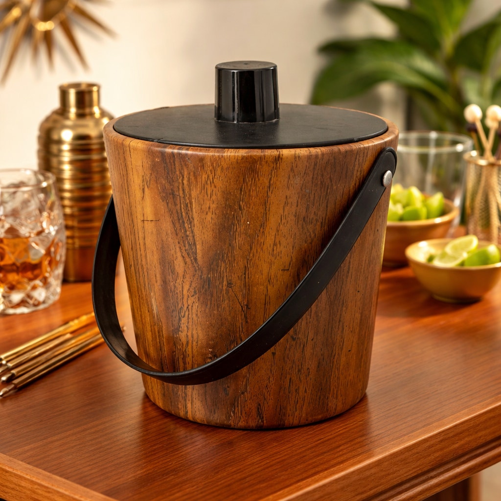 Vintage 60s Ice Bucket Faux Wood Irvinware MCM Barware USA Insulated
