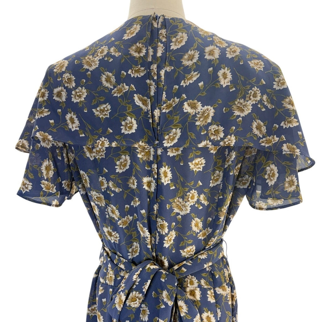 Vintage 80s Kristy Michaels Blue Floral Midi Dress Tie Waist A-Line Women's 12