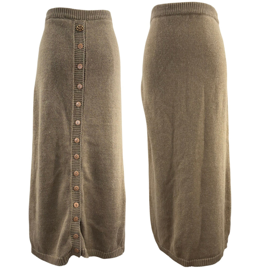 Vintage 1980s Women's Large Haberdasher Taupe Knit Midi Skirt Button Back Elastic