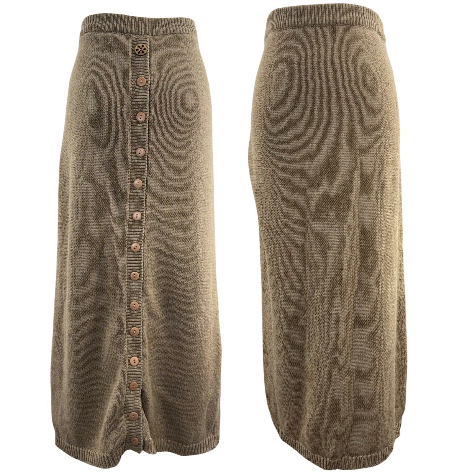 Vintage 1980s Women's Large Haberdasher Taupe Knit Midi Skirt Button Back Elastic