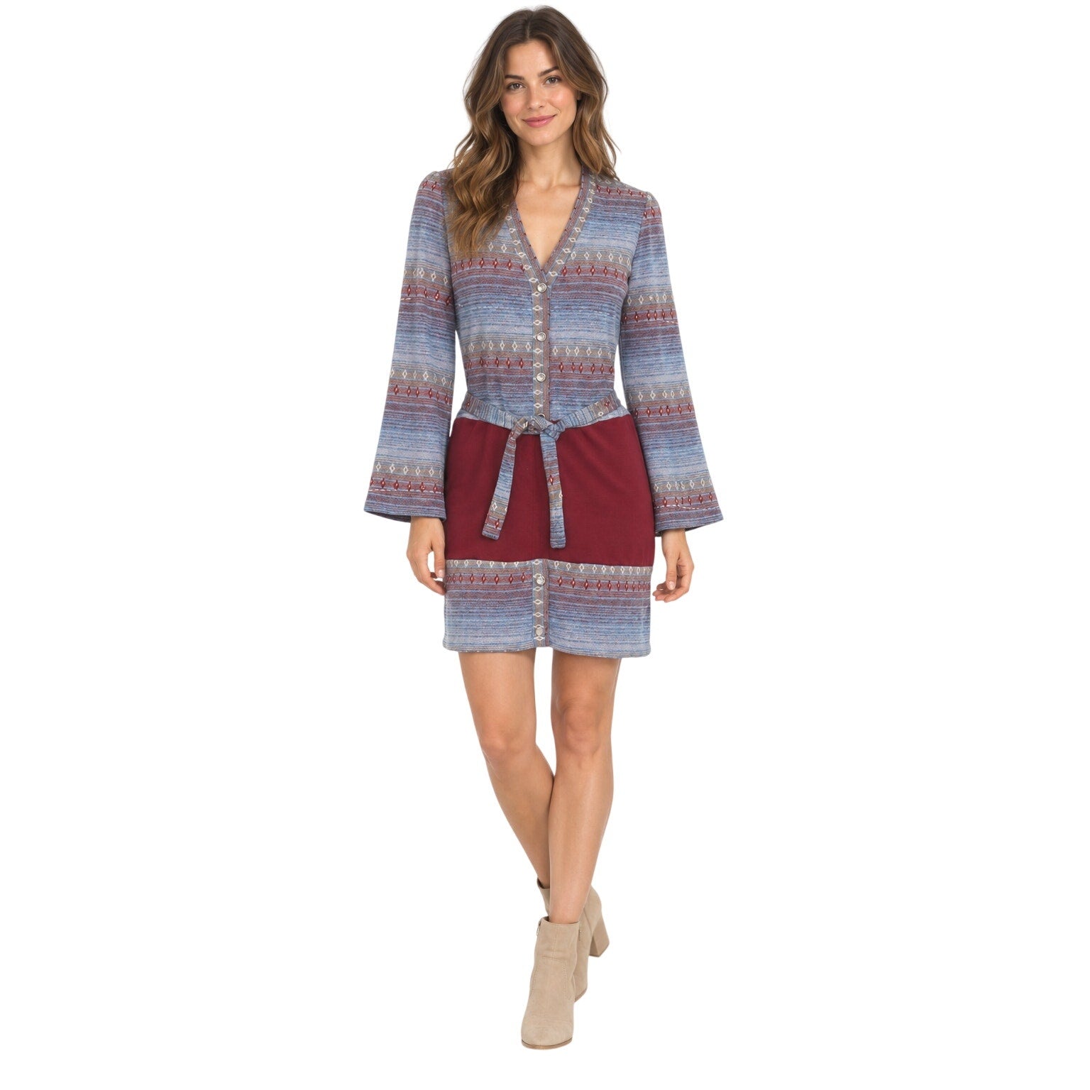 Vintage 1970s NPC Fashions Knit Mini Dress Bell Sleeve Belted Women's Small