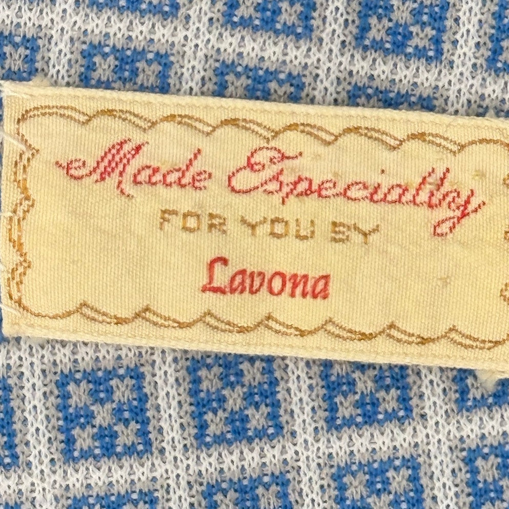 Vintage 70s Custom by Lavona Blue Geometric Polyester Knit Wide Tie