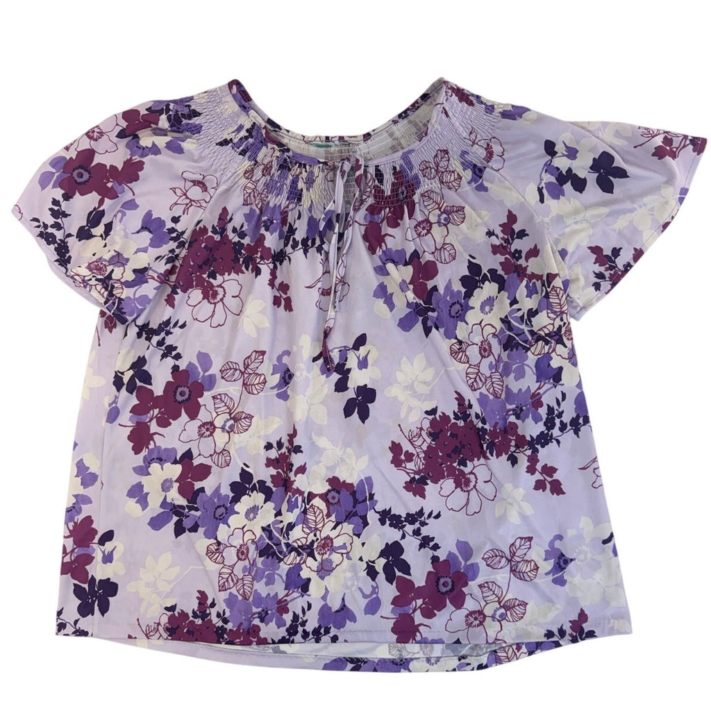 Vintage 70s Lavender Floral Polyester Peasant Blouse Tie Neck Top Women's Medium
