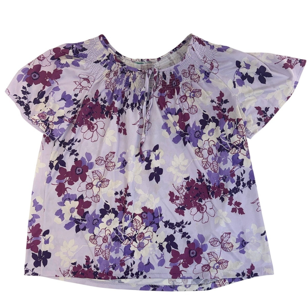 Vintage 70s Lavender Floral Polyester Peasant Blouse Tie Neck Top Women's Medium